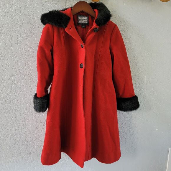 Rothschild Girls' Red Wool Dress Coat Faux Fur Trim Size 6 (missing button) - Picture 1 of 7